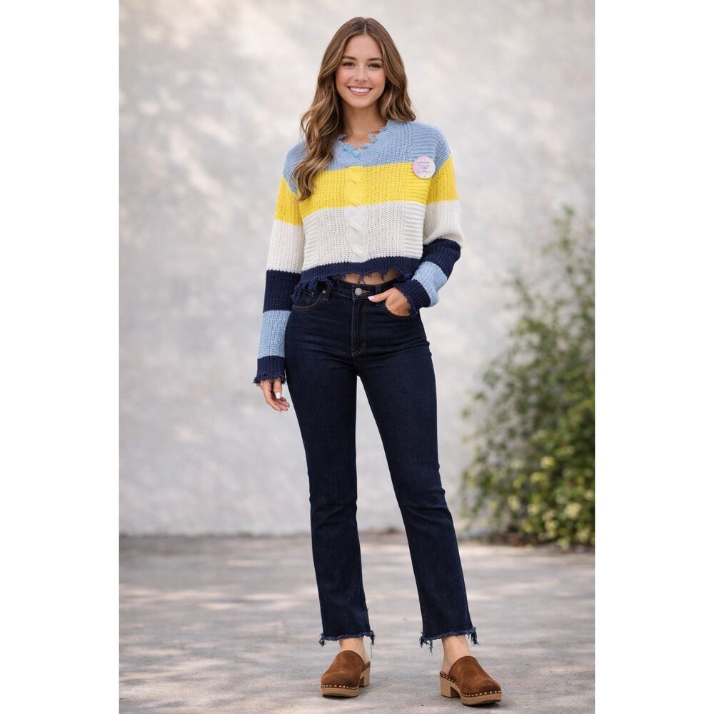 Full Circle Trends Distressed Colorblock Cropped Sweater Size L Indie Y2K